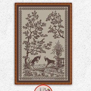 Two goats counted cross stitch pattern Monochrome sampler embroidery Trees Animals Nature cross stitch Antique ornament xstitch chart #590