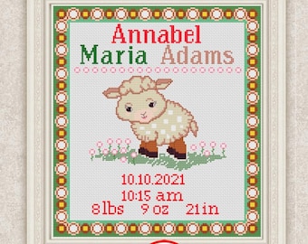 Custom Birth Announcement Cross Stitch Pattern Cute Baby Sheep Nursery Counted Embroidery #413