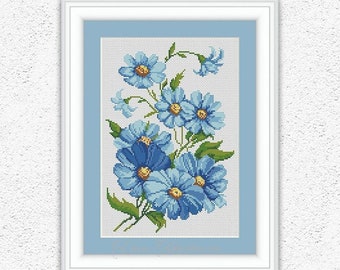 Blue daisies counted cross stitch antique pattern Flowers cross stitch Floral vintage embroidery design Daisy flowers xstitch chart PDF #536