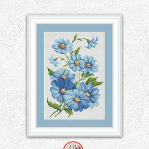 Blauwe madeliefjes geteld antiek patroon kruissteek bloemen kruissteek bloemen vintage borduurontwerp madeliefje bloemen xstitch grafiek pdf #536