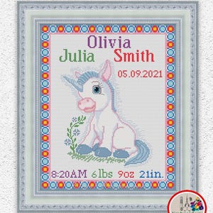 Custom unicorn baby birth sampler cross stitch pattern Cute baby boy unicorn embroidery design DIY nursery wall decor xstitch chart #408*