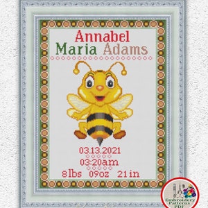 Baby bee birth sampler cross stitch pattern Personalized birth announcement embroidery design Baby boy or girl birth record xstitch #418