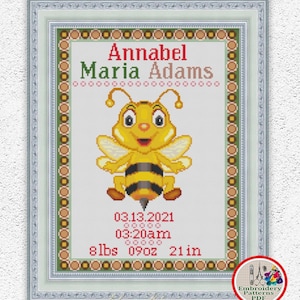 Baby bee birth sampler cross stitch pattern Personalized birth announcement embroidery design Baby boy or girl birth record xstitch #418