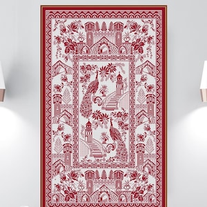 May include: Red and white embroidery pattern featuring peacocks, castles, and floral designs. The pattern is framed in a red border with a white background. The text "INSTANT DOWNLOAD PDF" is at the bottom of the image.