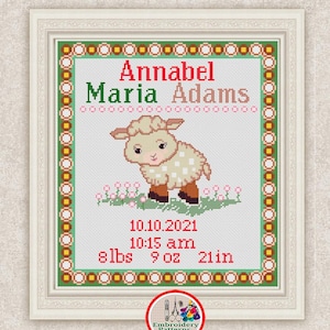 Padrão de ponto cruz para anúncio de nascimento personalizado Bordado de ovelhas fofas para bebês Registro de nascimento de menina Decoração de parede para berçário Gráfico de ponto cruz #413