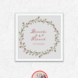 Gepersonaliseerde bruiloft kruissteekpatroon rozen knoppen krans borduurontwerp Aangepaste bloemen bruiloft sampler xstitch grafiek pdf #754