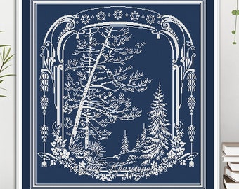 Monochrome scenery cross stitch pattern Nature cross stitch Trees Spruce Forest Wood embroidery design Antique sampler xstitch chart #92*