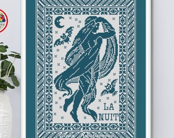 Monochrome sampler counted cross stitch pattern La Nuit Nyx Greek goddess of night embroidery design Antique ornament xstitch chart #168