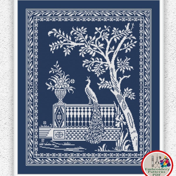Garden peacock counted cross stitch pattern Peafowl monochrome sampler embroidery design Bird, tree, flowers xstitch chart #99