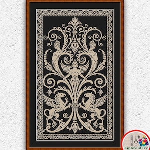 Ancient monochrome sampler cross stitch pattern Mythology Gryphon Goddess embroidery design Antique counted xstitch chart #546