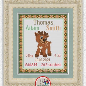 Padrão de ponto cruz para anúncio de nascimento personalizado, lindo desenho de bordado de cervo para bebê, decoração de parede para berçário de bebê, gráfico de ponto x contado #403