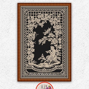 Monochrome sampler cross stitch pattern Satyr Faun plays the pipe embroidery design Forest Nature Grapes Vine leaves xstitch chart #446