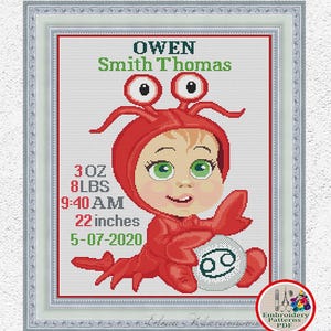 Custom birth announcement cross stitch pattern Baby zodiac sign Cancer embroidery design Personalized birth sampler xstitch chart #58