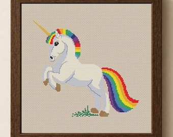 Regenbogen-Einhorn-Kreuzstichmuster, magisches Fantasietier, Zählstickmuster Nr. 51
