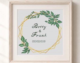Personalized Wedding Cross Stitch Pattern Leafy Wreath Embroidery Sampler DIY Unique Gift Xstitch #745
