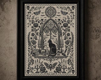 Gothic Black Cat Monochrome Sampler Cross Stitch Pattern Witchy Window Counted Embroidery #1010