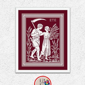 May include: A framed cross-stitch pattern featuring a couple in classical attire, with the word "ETE" at the top. The man holds a scythe, and the woman carries wheat. The image is in a burgundy frame with a white border. The bottom of the image says "INSTANT DOWNLOAD PDF".