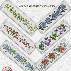 Floral bookmarks cross stitch pattern Yellow Red flowers Violets bookmark samplers embroidery Bundle bookmarks counted xstitch #2083