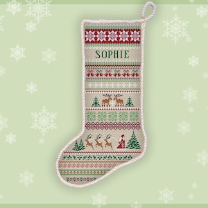 Deer Christmas stocking cross stitch pattern Santa with reindeer xstitch chart Personalized Xmas stocking embroidery design #500