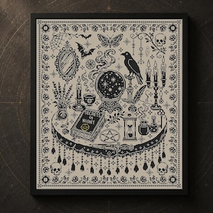 May include: A black and beige cross-stitch pattern featuring a table with a crystal ball, a raven, a book titled SECRETS OF NIGHT, a skull, candles, a mirror, an hourglass, and a pentagram, all enclosed within a decorative floral border frame.
