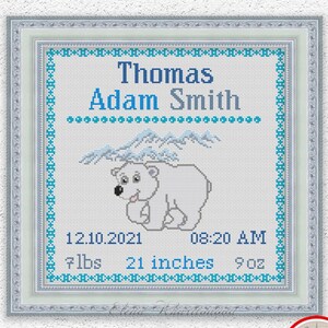 Patrón de punto de cruz de cachorro de oso polar bebé Diseño de bordado de anuncio de nacimiento personalizado Muestrario de nacimiento de bebé niño Tabla de puntadas xstitch n.° 404