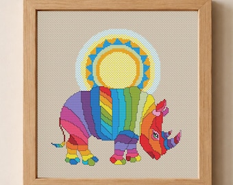 Colorful Geometric Rhinoceros Cross Stitch Pattern African Animal Mandala Counted Embroidery #117