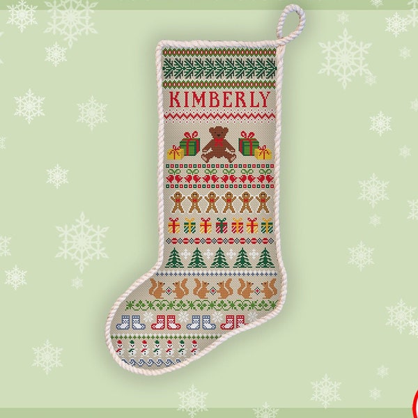 Teddy bear stocking cross stitch pattern Christmas trees gingerbread squirrel embroidery design Custom DIY holiday decor xstitch chart #506