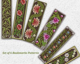 Floral bookmarks cross stitch pattern Set of 6 flowers bookmark samplers embroidery design Antique style bookmarks xstitch chart PDF #845