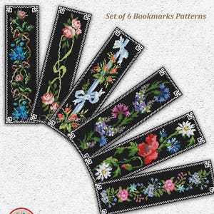 May include: Set of six black bookmarks with floral embroidery patterns. Each bookmark features a different design, including roses, daisies, and other flowers, with white borders. The text "Set of 6 Bookmarks Patterns" is visible.