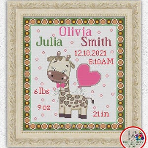 Patrón de punto de cruz de muestrario de nacimiento de bebé personalizado Lindo bordado de jirafa Anuncio de nacimiento para nuevo bebé niño niña Gráfico de puntada xstitch n.° 410*