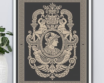 Muestra monocromática contó patrón de punto de cruz Alejandro Magno rey del antiguo reino griego de Macedonia diseño de bordado #260