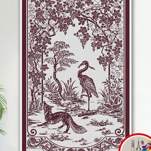 Peut inclure: Un motif de broderie bordeaux représentant un héron, un renard et une vigne avec des raisins. Le motif est sur un fond blanc et encadré d'une bordure décorative. Le texte "Embroidery Patterns PDF" est dans un cercle rouge dans le coin inférieur droit.