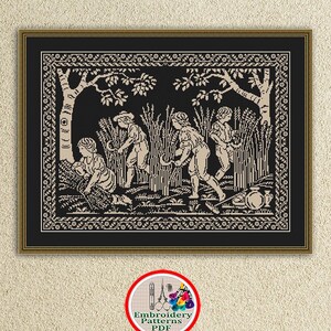 May include: Black and beige cross-stitch pattern of figures harvesting wheat in a field, framed in a gold border. The image is labeled "Embroidery Patterns PDF" and "Instant Download PDF".