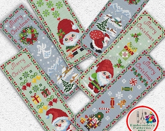 May include: Set of six cross-stitch bookmark patterns featuring a Christmas theme. Each bookmark pattern includes a different design with a Santa Claus, a Christmas tree, a wreath, and other festive elements. The patterns are in PDF format and are ready for instant download.