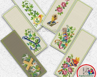 Set of 6 bookmarks cross stitch pattern Bookmark samplers embroidery Religious Cross Stitch Flowers Floral ornament Cross xstitch chart #722