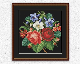 Bouquet cross stitch antique pattern Flowers cross stitch Roses Bellflowers Leaves embroidery Vintage flowers on black xstitch chart #658