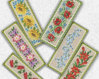 Floral bookmarks cross stitch pattern Set of 6 bookmarks xstitch chart Red flowers Lilies Sunflowers Bookmark sampler embroidery design #675