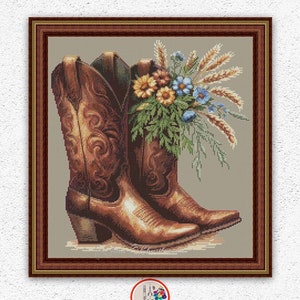 Vintage brown cowboy boots cross stitch pattern Flowers cross stitch Floral cowboy boots embroidery Flowers Leaves Spikelets xstitch #425