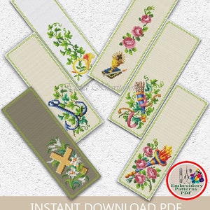 Set of 6 bookmarks cross stitch pattern Bookmark samplers embroidery Religious Cross Stitch Flowers Floral ornament Cross xstitch chart #722