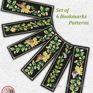 Puede incluir: Conjunto de seis marcapáginas negros con patrones de punto de cruz. Cada marcapáginas presenta un diseño diferente, incluyendo animales, plantas y herramientas, todo en tonos amarillos, verdes y blancos. El texto "Set of 6 Bookmarks Patterns" es visible.