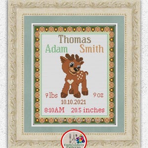 Personalized birth announcement cross stitch pattern Cute baby deer embroidery design New baby nursery wall decor counted xstitch chart #403