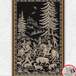 Hunting monochrome sampler cross stitch pattern Hunting scene vintage embroidery Hunters on horseback Boar Dogs Large xstitch chart #234