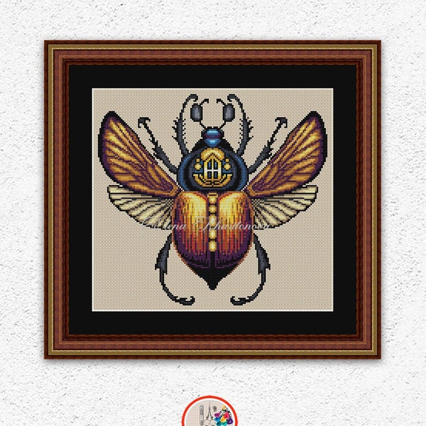 Ancient Egyptian scarab cross stitch pattern Insect cross stitch Sacred scarab beetle embroidery design Golden bug xstitch chart #615