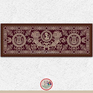 May include: A framed cross-stitch pattern with a claret background and beige floral and classical design elements. The design includes a central portrait, columns, and decorative borders. The text "INSTANT DOWNLOAD PDF" is at the bottom.