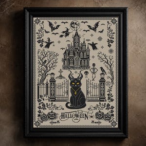 Wzór haftu krzyżykowego na Halloween: gotycki, mistyczny kot, upiorny, nawiedzony dom, haft krzyżykowy nr 1012