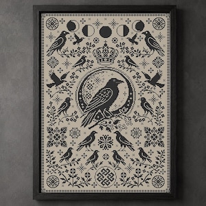 Gothic Raven Monochrome Sampler Cross Stitch Pattern Black Birds Moon Phases Counted Embroidery #2201
