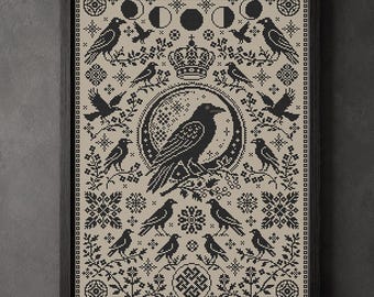 Gothic Rabe Monochrom Kreuzstichmuster Schwarz Vögel Mond Phasen Stickdatei #2201