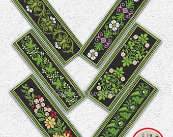 Set of 6 flowers bookmark cross stitch pattern Floral bookmark sampler embroidery design Lilies of valley Flowers Leaves xstitch chart #723