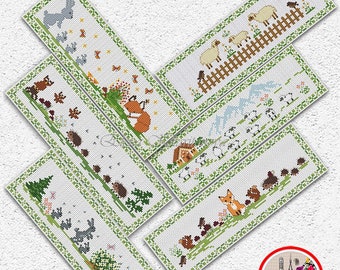 Set of 6 cute bookmarks cross stitch pattern Animals bookmark sampler embroidery design Sheep Fox Hare Hedgehog bookmarks xstitch chart #773