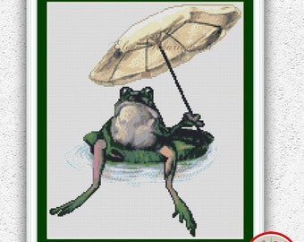 Frog counted cross stitch pattern Cute frog with umbrella xstitch chart Amphibian frog embroidery design Animal cross stitch #75